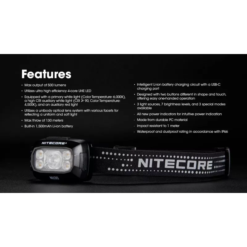 Torcia frontale Nitecore NU30 — torcia frontale LED compatta e portatile, fino a 500 lumen, più livelli di potenza, modalità luce rossa