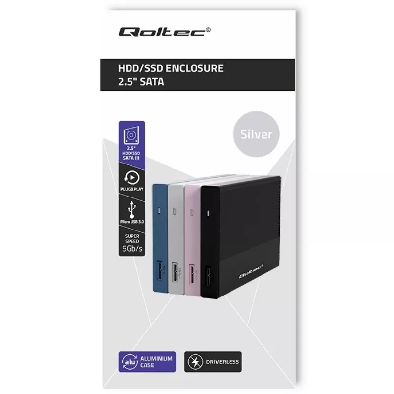 Case per SSD/HDD SATA 2,5 pollici QOLTEC 52278 USB 3.0, supporta fino a 2 TB