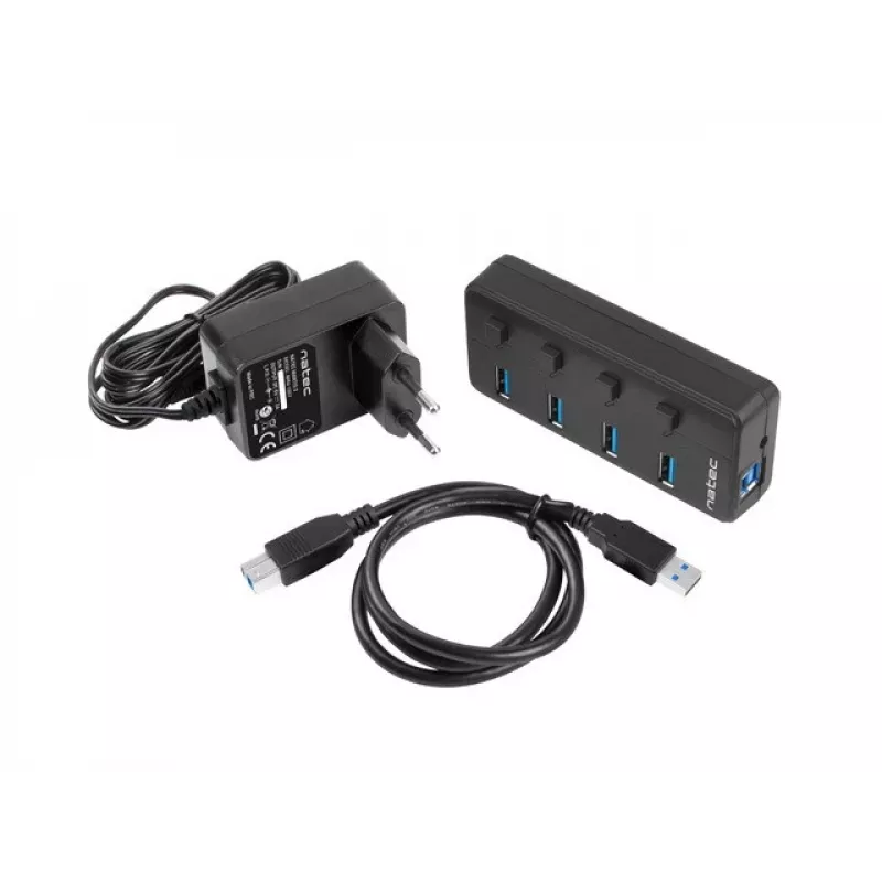 Natec Mantis 2 NHU-1557 hub USB 3.0 a 4 porte, ingresso USB Type-B, interruttori on/off, alimentatore, nero
