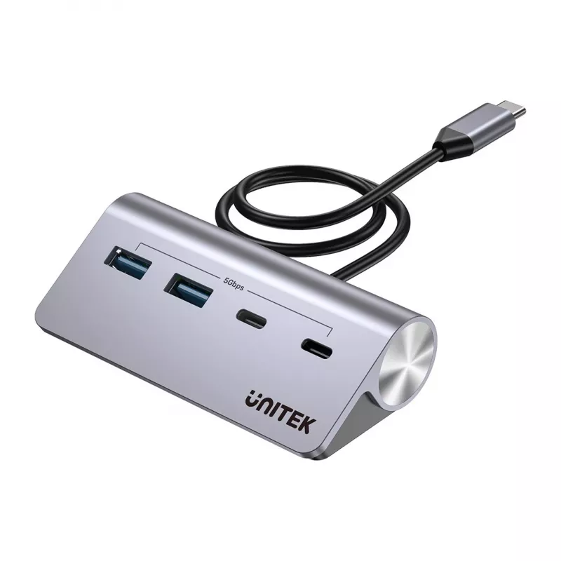 Hub USB Unitek H1337AGY01 – 4 porte (2×USB-C, 2×USB-A), fino a 5 Gbit/s per porta, alluminio, argento