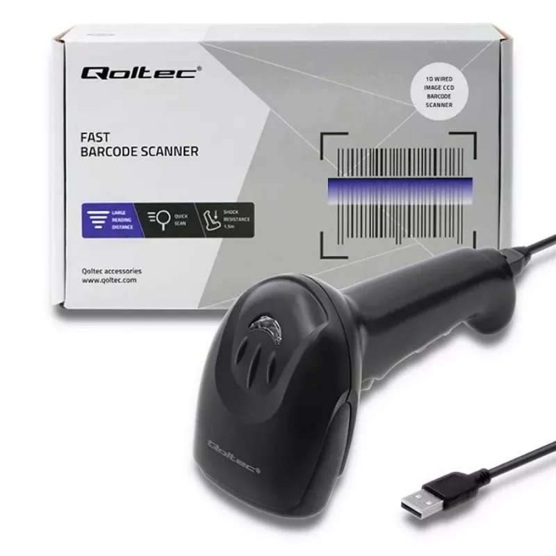 Lettore laser di codici a barre 1D CCD Qoltec 50866, USB, nero