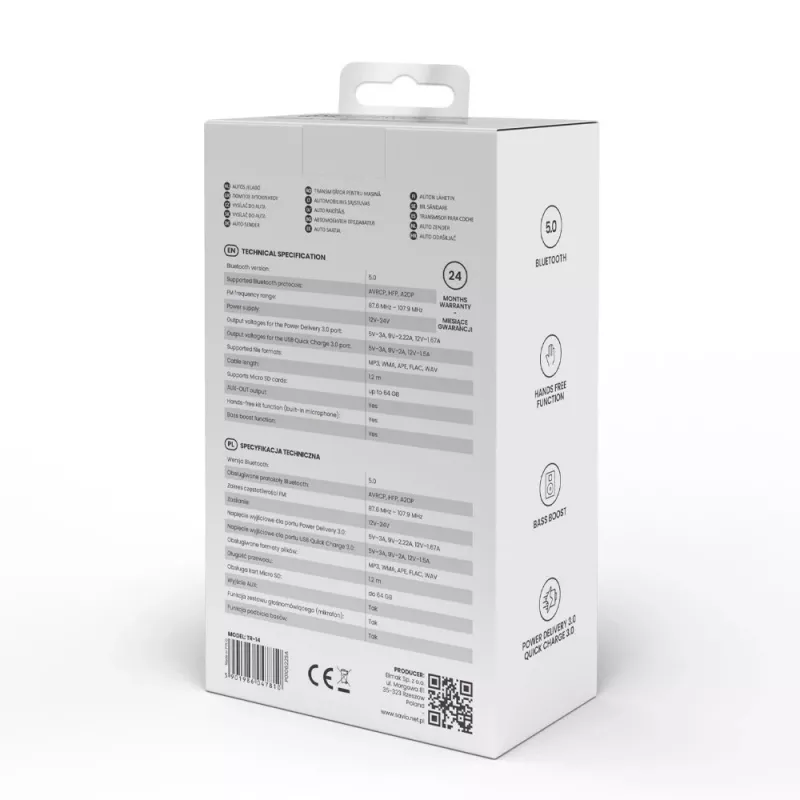 Trasmettitore FM SAVIO TR-14 Bluetooth USB, FM 87,6–107,9 MHz, MicroSD, USB-C, alimentazione auto 12 V