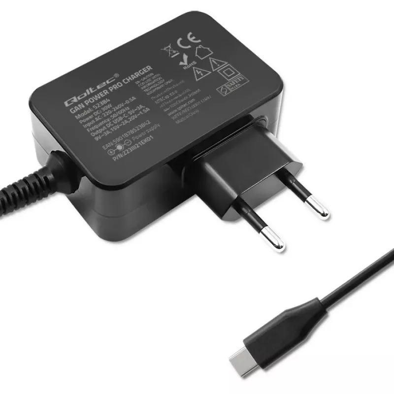Alimentatore QOLTEC 52384 GaN 30W uscita 5–20V caricabatterie USB