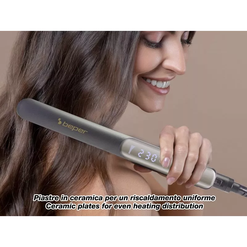 Beper P301PIS200 piastra per capelli, piastre in ceramica, 130-230°C, 6 impostazioni di temperatura, nero/grigio