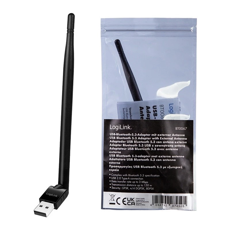 LogiLink Adattatore USB - Bluetooth 5.3 con antenna, nero portata: 150 m, connessione: connettore USB-A, Bluetooth - 1 pezzo (BT0067)