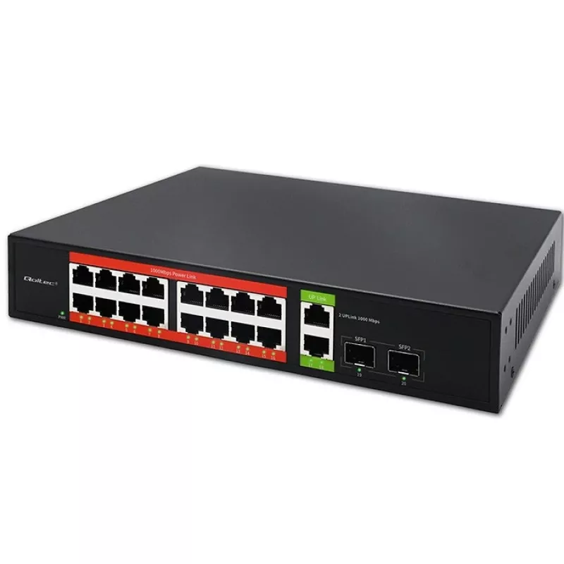 Switch di rete QOLTEC 52292 — Gigabit Ethernet PoE, 16x RJ45, 2x RJ45 uplink, 2x SFP