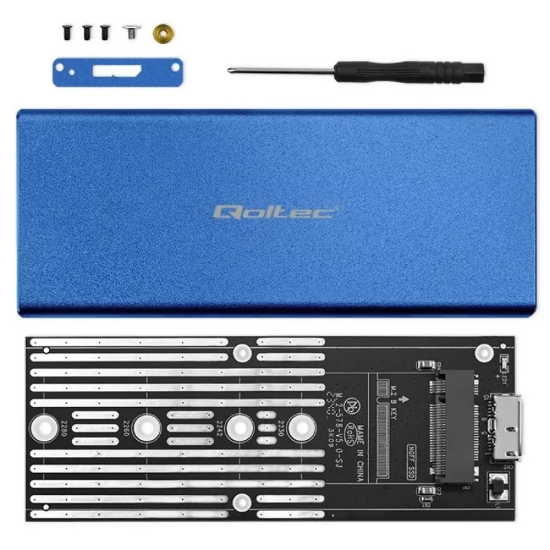 Case per SSD QOLTEC 51832 — esterno M.2 SATA, USB 3.0, fino a 2 TB, blu, supporta unità da 30 mm, 4 slot