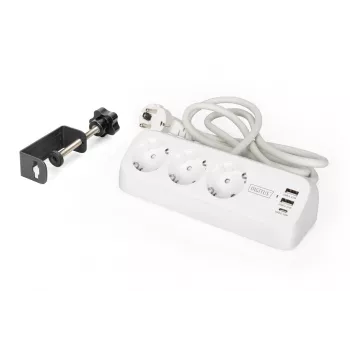 Ciabatta DIGITUS 3 prese con 2×USB-A e 1×USB-C, 3 prese AC Type E/F, cavo 1,5 m, bianco