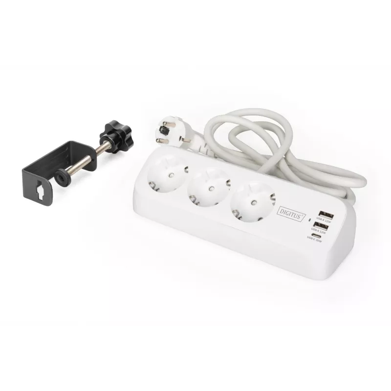 Ciabatta DIGITUS 3 prese con 2×USB-A e 1×USB-C, 3 prese AC tipo E/F, cavo 1,5 m, bianco