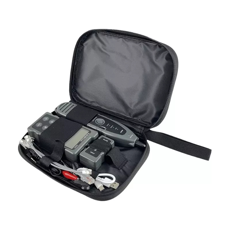 Tester per cavi UTP/STP A-LAN NI057 con rilevamento PoE, misurazione lunghezza cavo, supporto RJ-45, indicatori LCD e LED