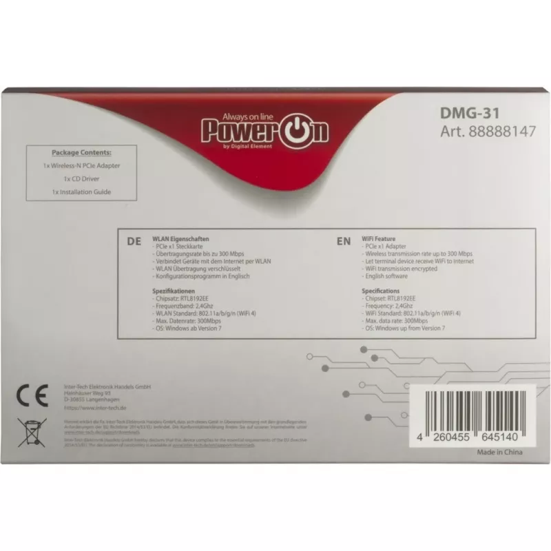 Inter-Tech DMG-31 - interno - senza fili - PCI Express - Wi-Fi - Wi-Fi 4 (802.11n) - 300 Mbit/s (88888147)