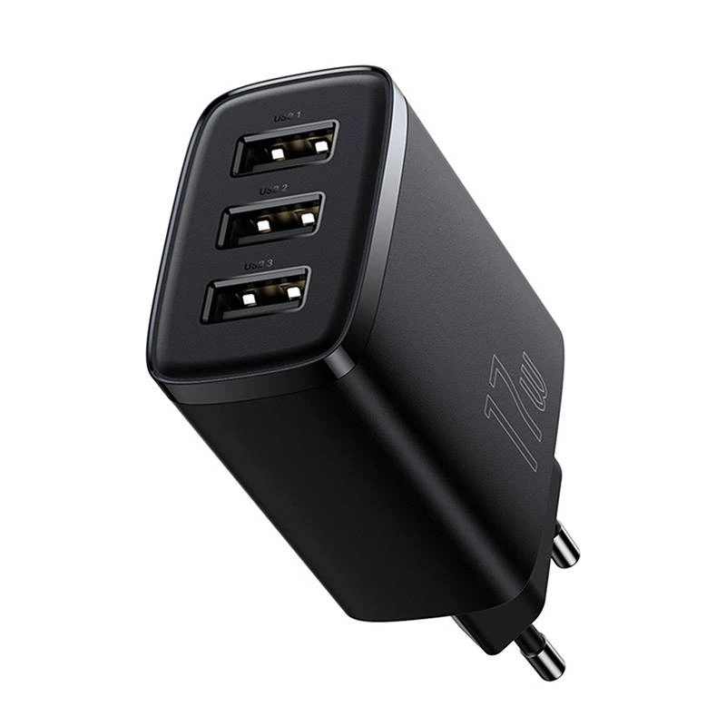 Baseus Caricabatterie rapido compatto, 3x USB, 17 W (Nero)