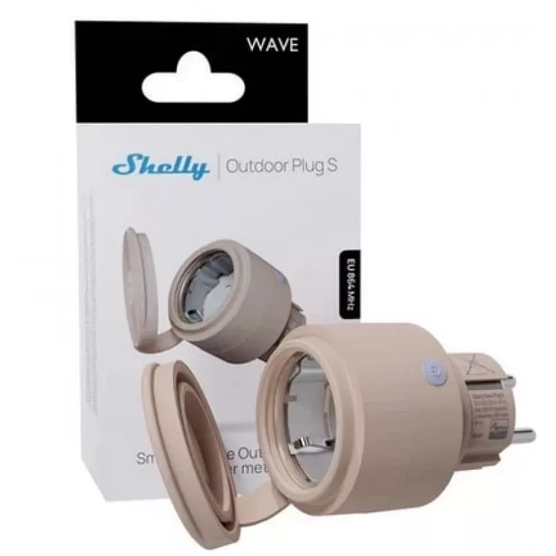 Shelly Wave Outdoor Plug S LR presa smart per esterno, Z-Wave Long Range, IP44, 230 V, 12 A, 2500 W, misurazione energia, SmartStart, OTA, LED, mocha