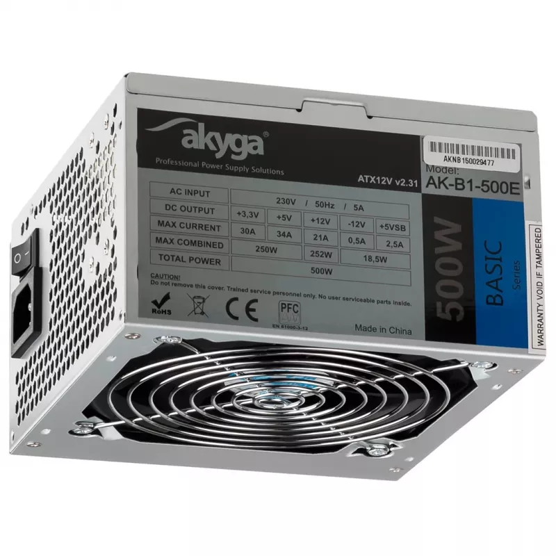 Alimentatore ATX Akyga AK-B1-500E Basic 500 W, PFC passivo, ventola da 120 mm, grigio