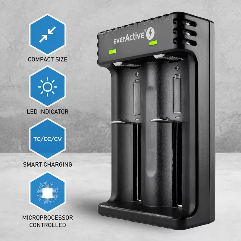 Caricabatterie everActive LC200 domestico USB, 2 vani, Li-Ion, supporta A/AA/AAA/AAAA/C/D, ingresso 5 V, uscita 4,2 V, nero