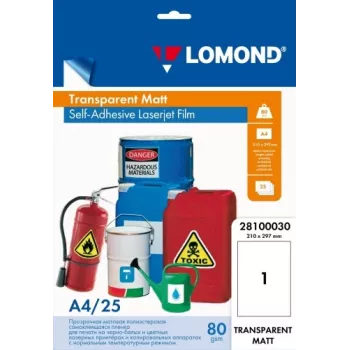 Pellicola adesiva PET per laserjet Lomond A4 25 fogli trasparente opaca