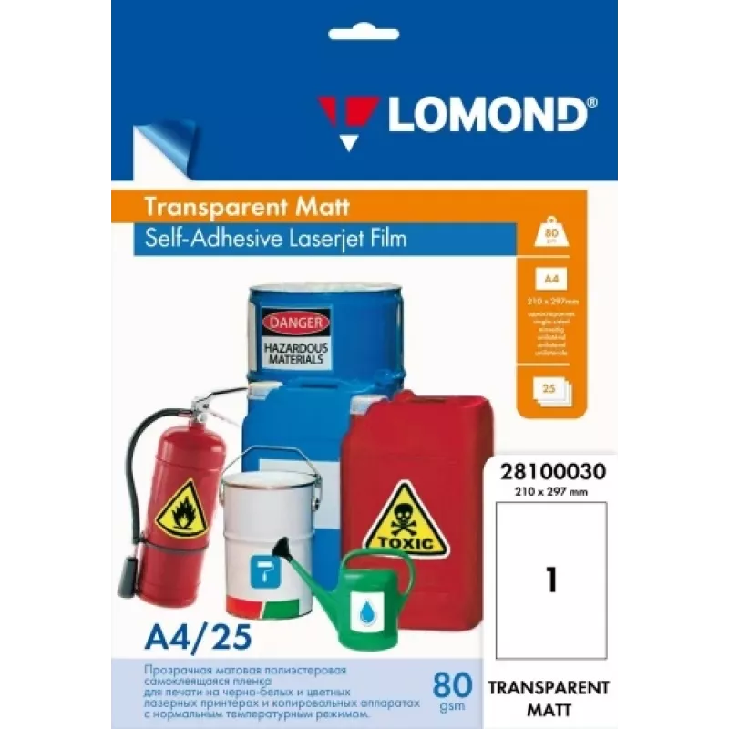 Pellicola adesiva PET per laserjet Lomond A4 25 fogli trasparente opaca
