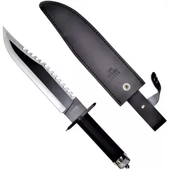 Coltello da sopravvivenza a lama fissa Cinema Classic CC-H2 — lunghezza totale 400 mm, lama in acciaio 250 mm, liscia e dentata, manico nero, con fodero in pelle