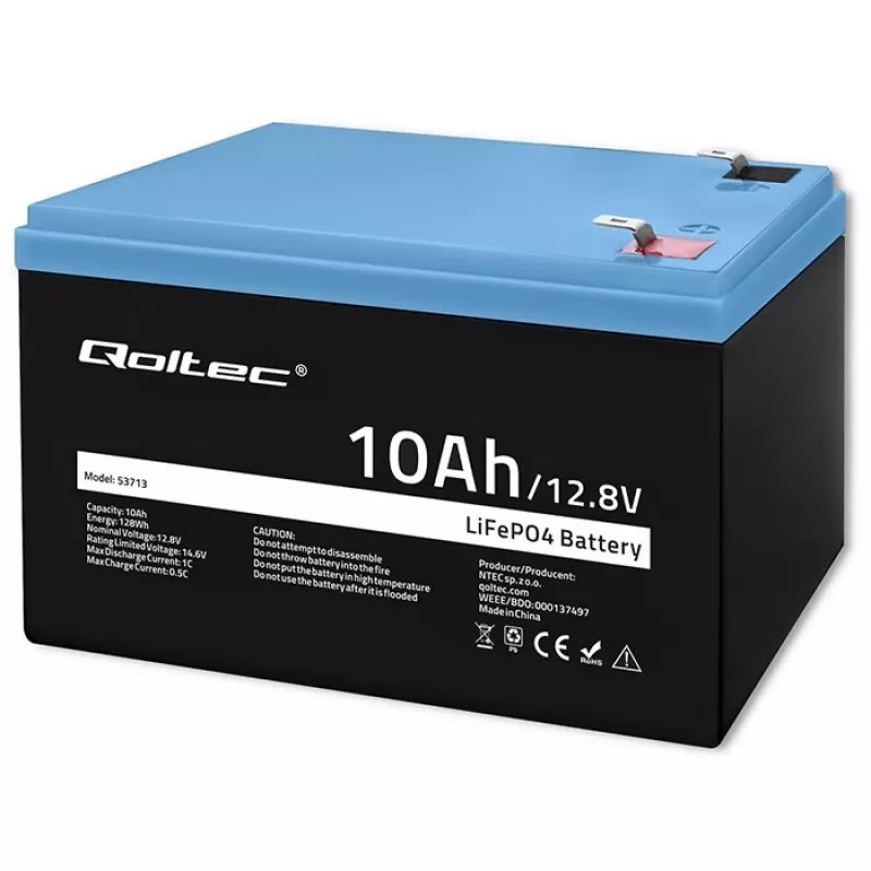 Batteria ricaricabile LiFePO4 QOLTEC 10Ah 12,8V 128Wh con BMS integrato