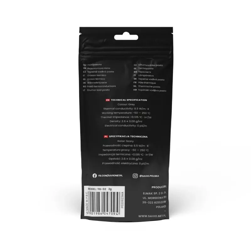 Pasta termica SAVIO TG-03 13,5 W/m·K, 2 g — pasta termica
