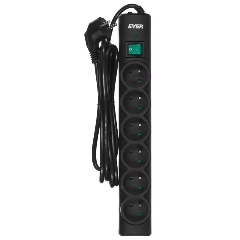EVER Optima T/LZ08-OPT030/0000 ciabatta con protezione da sovratensioni, 6 prese, 3 m, 250 V, protezione bambini, interruttore, nera
