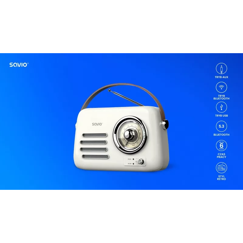 Radio portatile SAVIO RS-02 — sintonizzatore FM analogico, Bluetooth 5.3, alimentazione USB, 3 W, bianco
