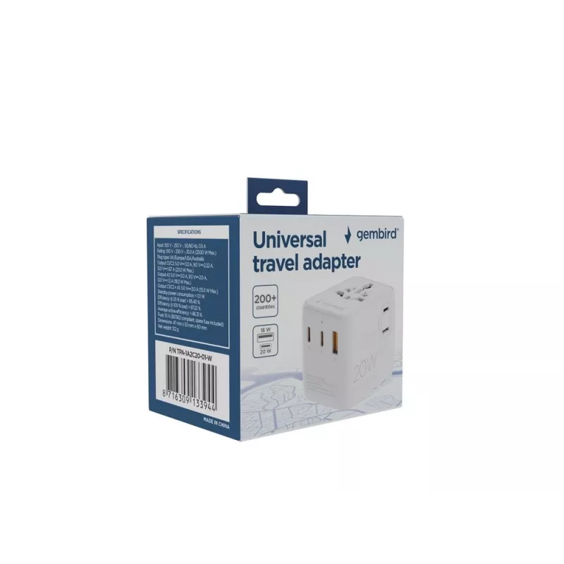 Alimentatore da viaggio GEMBIRD TPA-1A2C20-01-W — 20 W, USB-A (18 W) + 2× USB-C (20 W), spina tipo E, bianco