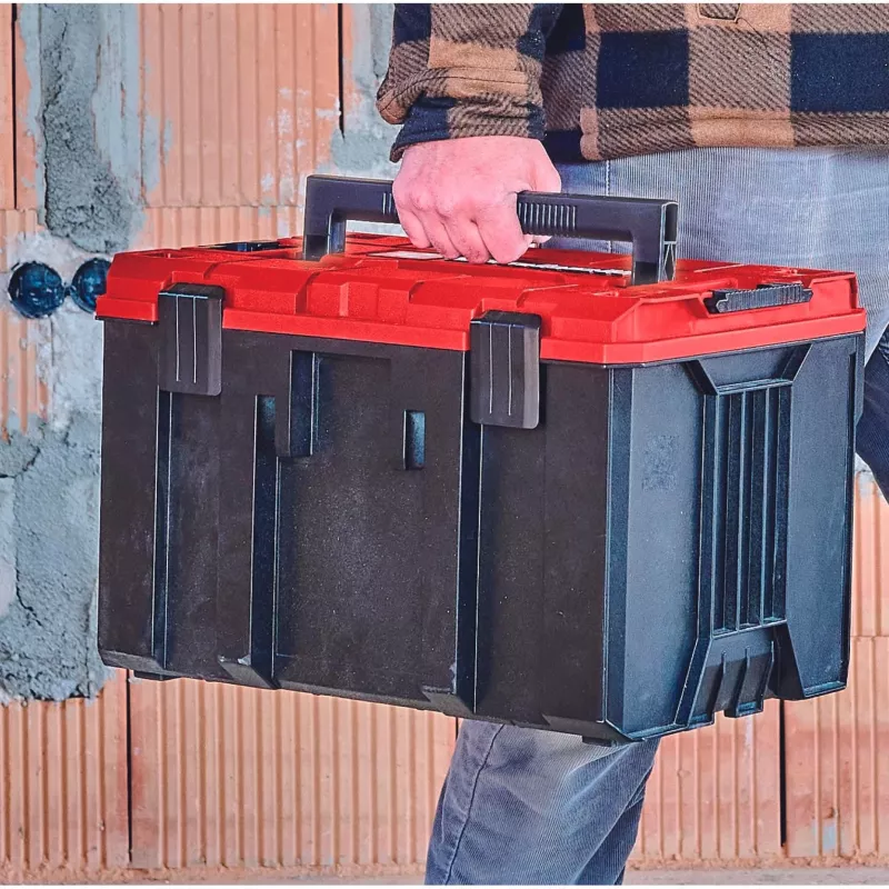 Einhell 4540021 E-Case M valigia di sistema, cassetta portautensili, polipropilene, portata 90 kg, nero/rosso