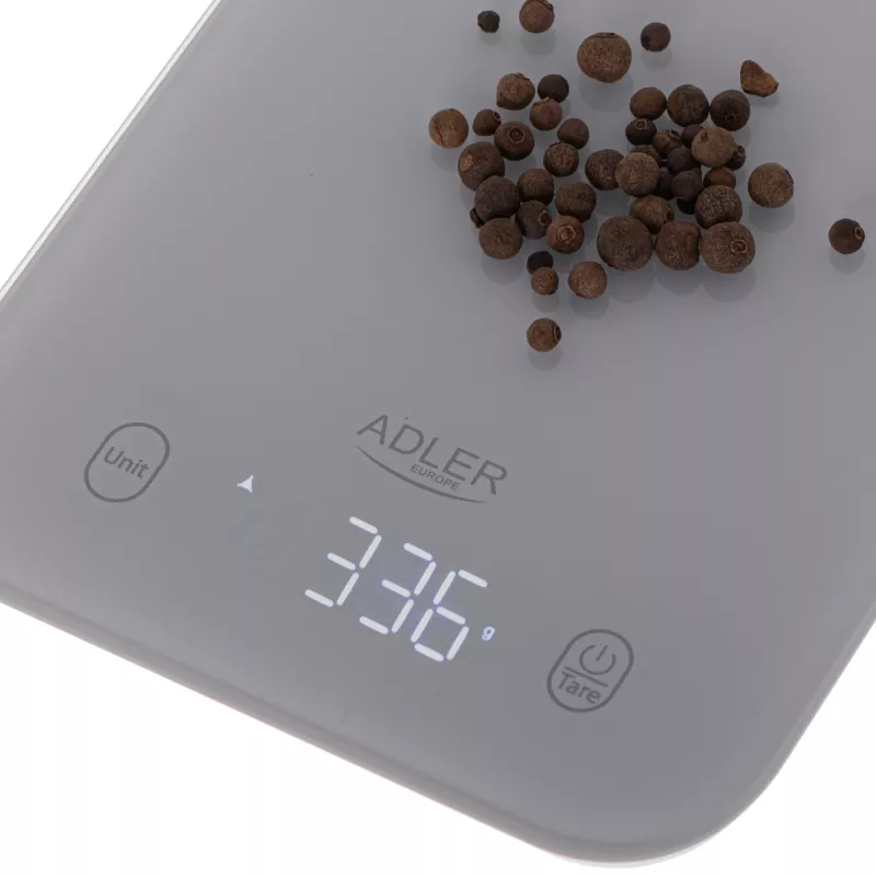 Bilancia da cucina Adler AD 3181, vetro temperato, capacità 10 kg, precisione 1 g, display LCD, grigio