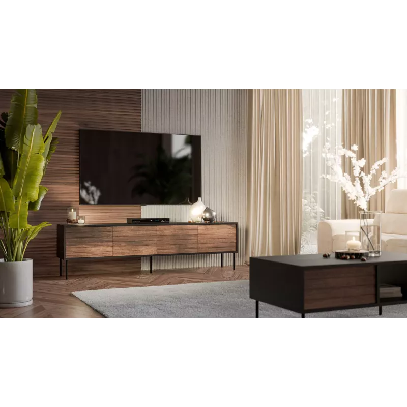 Mobile TV cama meble CORTINA 4D 200x40x55 cm, piano superiore nero, frontali color noce
