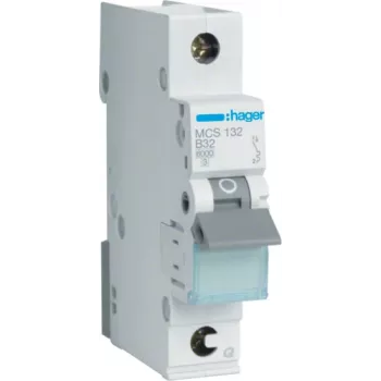 Hager MCS132. Corrente nominale: 32 A. Tipo: curva C, numero di moduli (max): 1 modulo. Larghezza: 17,5 mm, profondità: 70 mm, altezza: 83,4 mm (MCS132)