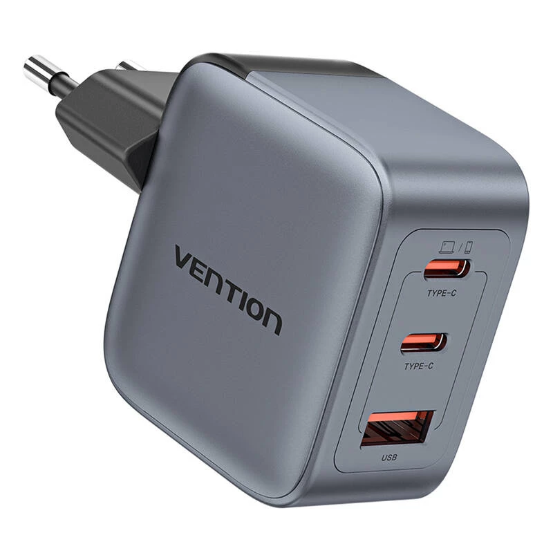Caricabatterie GaN Vention FEXH0-EU 70W — 2x USB-C + 1x USB-A, PD 70W, 100–240V