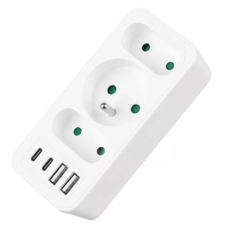 Power splitter MACLEAN MCE248 F/W — 3 prese AC (1×16A, 2×6A) + 4×USB (2×A, 2×C PD 20W), spina EU, bianco