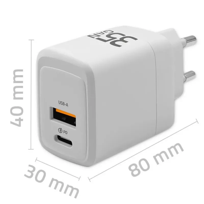 Caricabatterie QOLTEC 51824 GaN 35W USB-C PD & USB QC 3.0, 5–20V, 1x USB-C, 1x USB-A