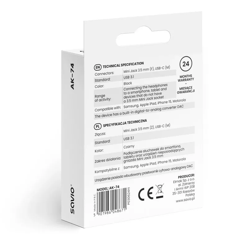 Adattatore audio USB-C Jack 3,5mm AK-74