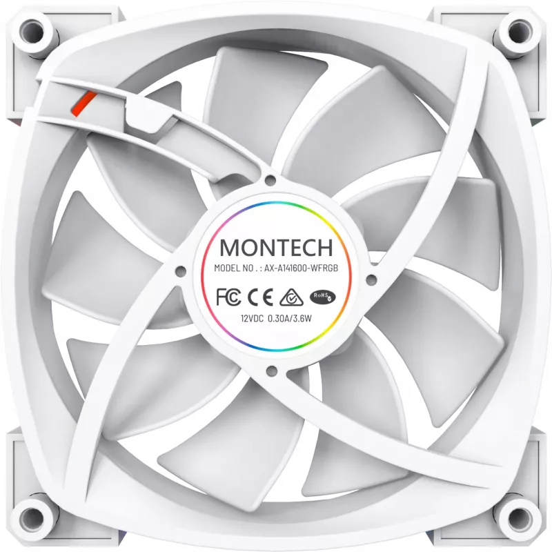 Ventola per case Montech AX140 PWM 140 mm, cuscinetto Rifle, 540–1760 RPM, bianco