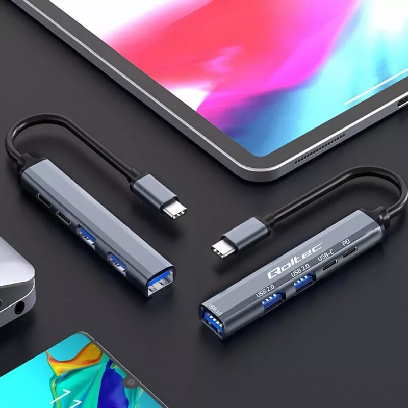 Qoltec 53790 hub adattatore USB-C 3.1 5in1 | USB-C PD | USB-C | 2x USB 2.0 | USB 3.0