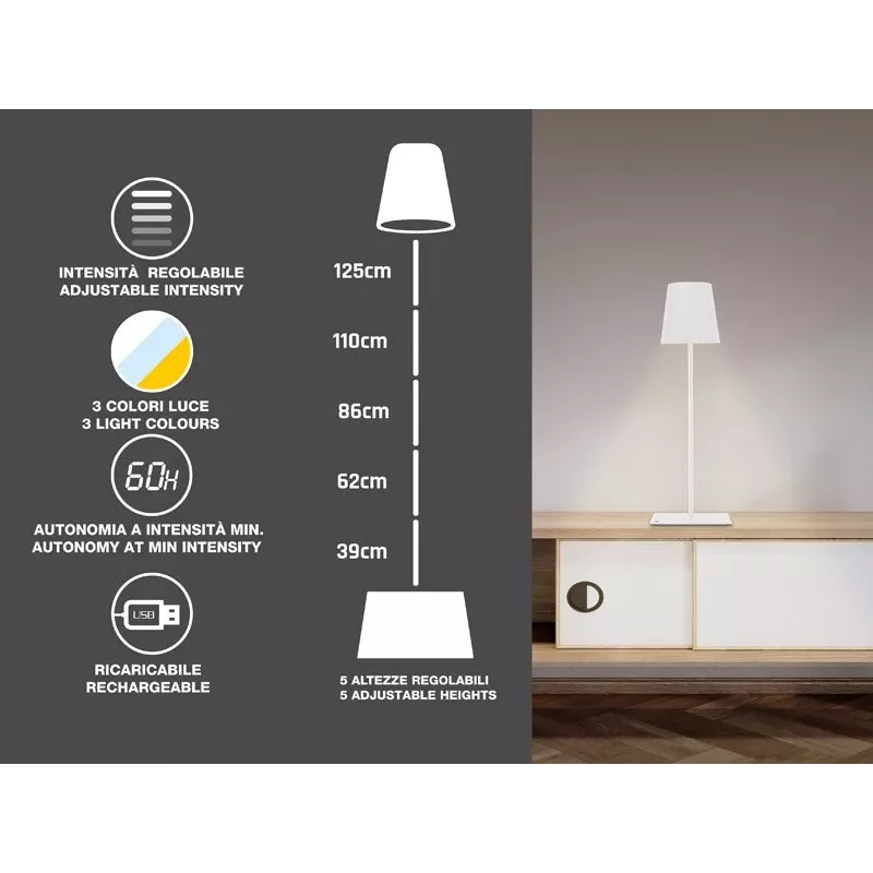 Beper P201UTP404 lampada da terra LED ricaricabile, altezza regolabile, 2,5 W, dimmerabile, metallo, bianca