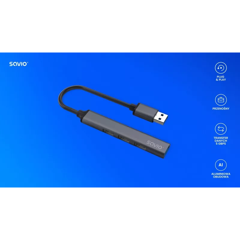 Savio AK-70 hub USB-A, 4 in 1: 3 x USB-A 2.0 + 1 x USB-A 3.1 Gen 1, 5 Gbps