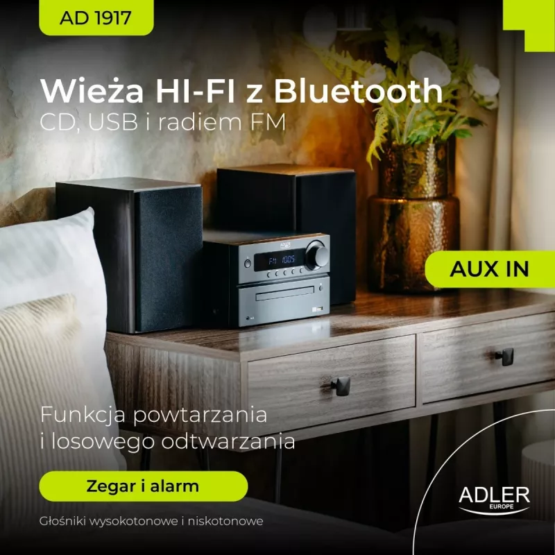 Mini sistema stereo Hi-Fi Adler AD 1917 — Bluetooth V5.3, CD/USB/MP3, 2×25 W RMS, sintonizzatore FM, equalizzatore a 4 bande, AUX, nero
