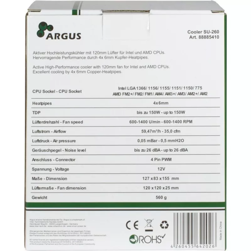 Inter-Tech Argus SU-260 - processore - dissipatore - 12 cm - LGA 1150 (Socket H3) - LGA 1151 (Socket H4) - LGA 1155 (Socket H2) - LGA 1156 (Socket H) - LGA 775... - AMD A - Intel® Celero