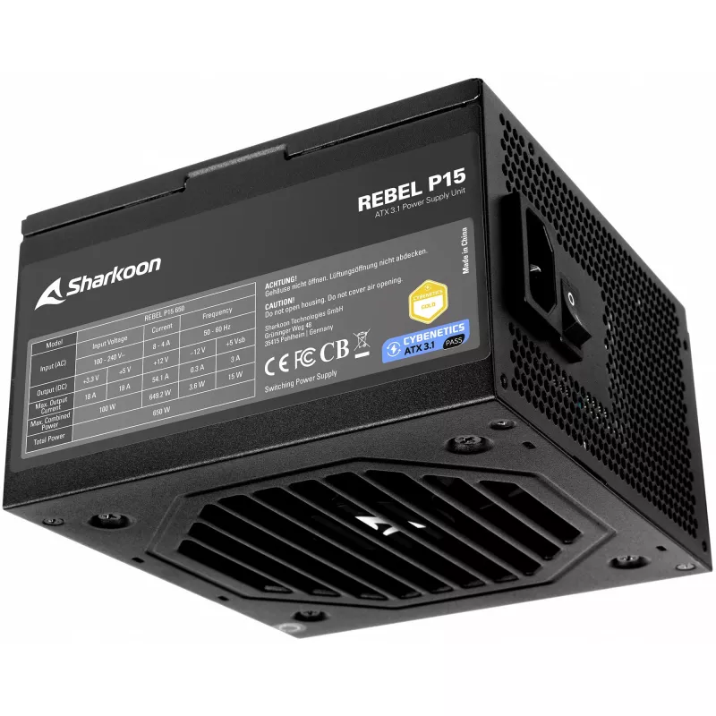 Alimentatore Sharkoon Rebel P15 650 — 650 W, 1x connettore GPU 12-Pin High-Power, 2x PCIe, cavi modulari