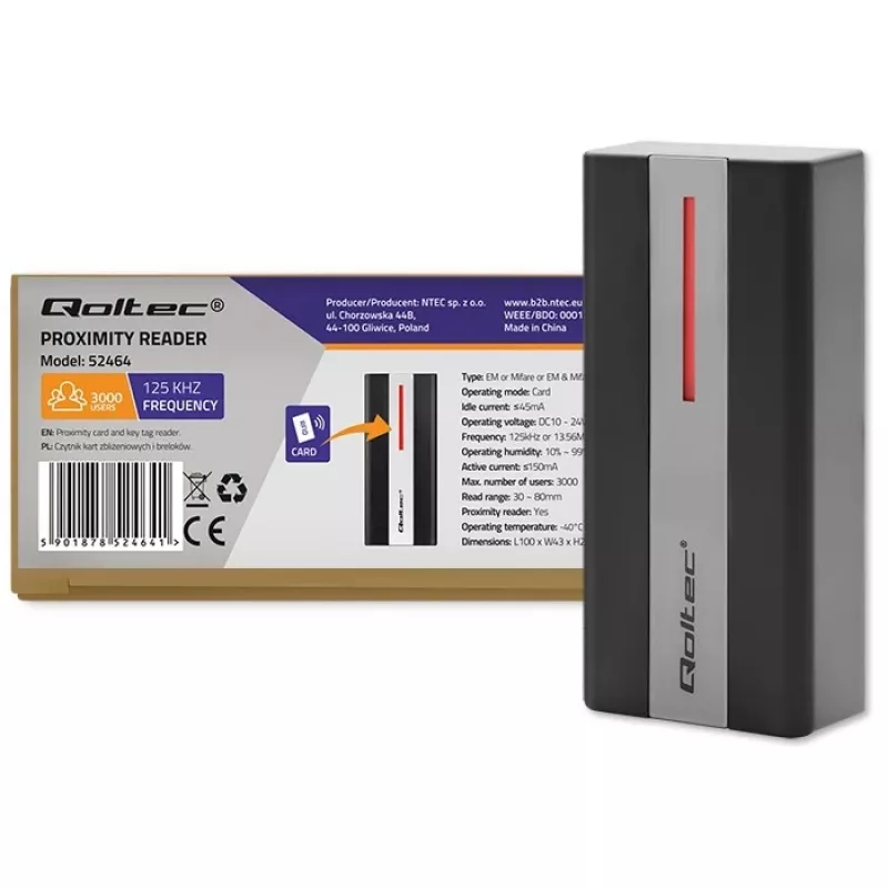 Qoltec Lettore RFID contactless per carte e portachiavi | EM | Mifare | carta | portachiavi | ABS