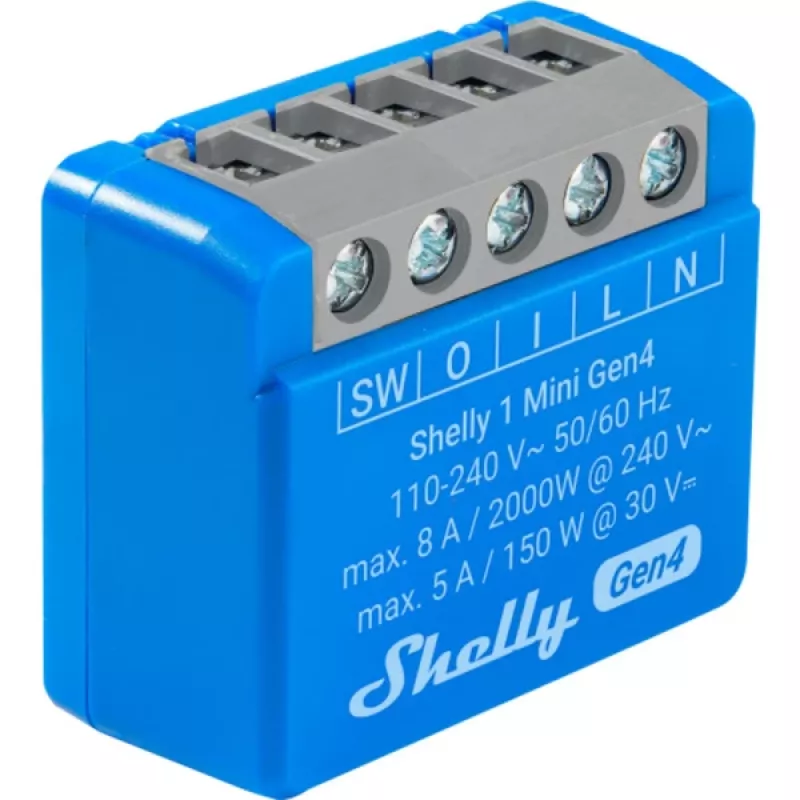 Modulo relè smart compatto Shelly 1 Mini Gen4, 1P 8A, Wi‑Fi/Matter/Zigbee/Bluetooth, 110–240 V (2 pezzi)