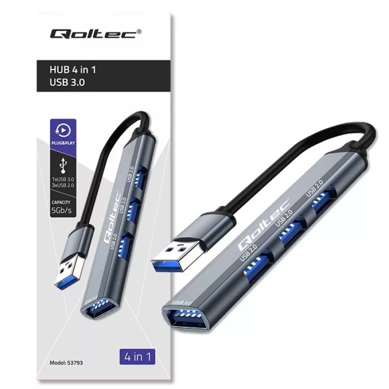 Hub USB QOLTEC 53793 — ingresso USB 3.0, 3× porte USB 2.0