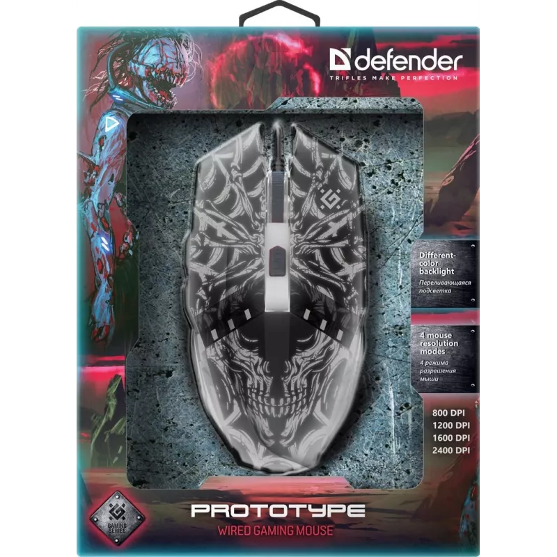 Defender PROTOTYPE GM-670L mouse da gaming, ottico, 2400 DPI, cablato USB, ambidestro, illuminato, nero