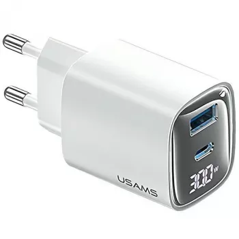 Caricabatterie rapido GaN USB e USB-C 30W usams CC229 bianco — indicatore LED, design compatto