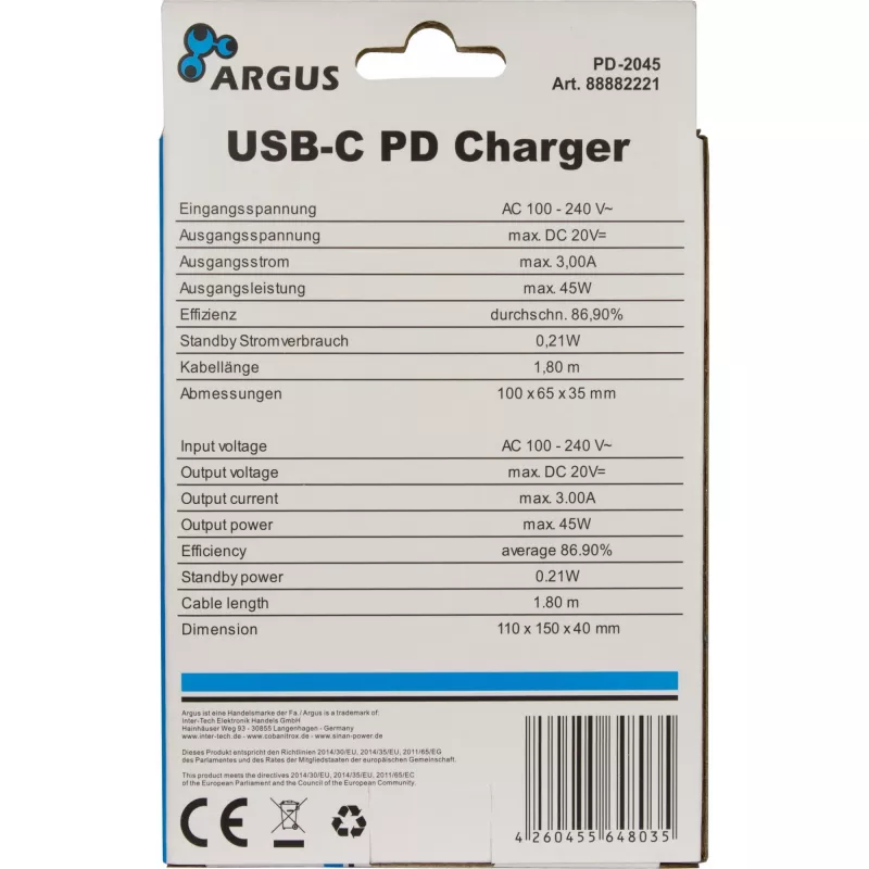 Caricabatterie Inter-Tech PD-2045 universale nero AC per interni 20V USB-C