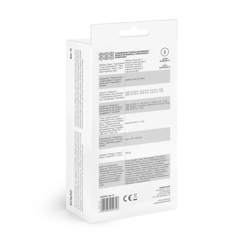 SAVIO BA-10 power bank 30000 mAh (111 Wh), Li-ion, 2x USB-C, 2x USB-A, Quick Charge, Power Delivery