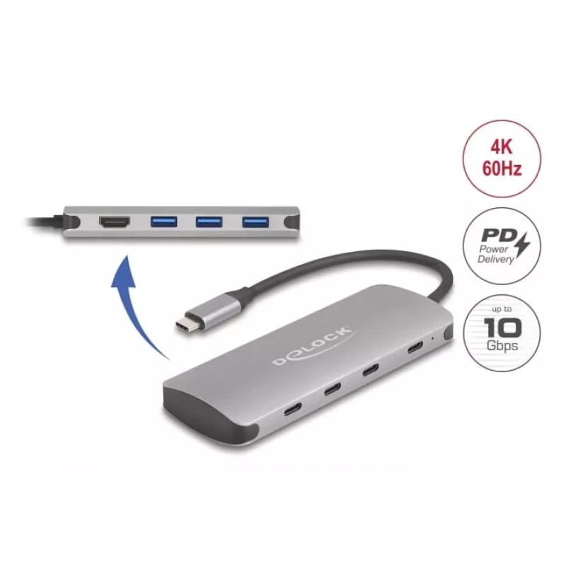 Hub USB-C DELOCK 64323 — host USB 3.2 Gen 2 Type-C, HDMI + 2× USB-A + 2× USB-C, 10 Gbit/s, grigio